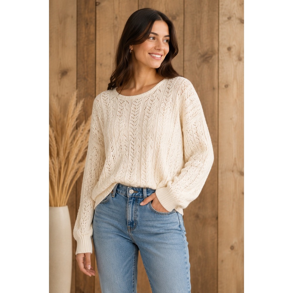 Blu Pepper Cream Pointelle Knit Back Tie Sweater Ivory Chevron Crochet